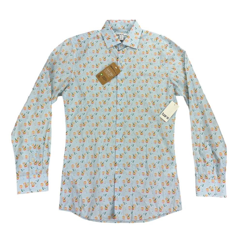 Bar III Mens Slim Fit Cocktail Print Long Sleeve Dress Shirt Blue S 14-14.5
